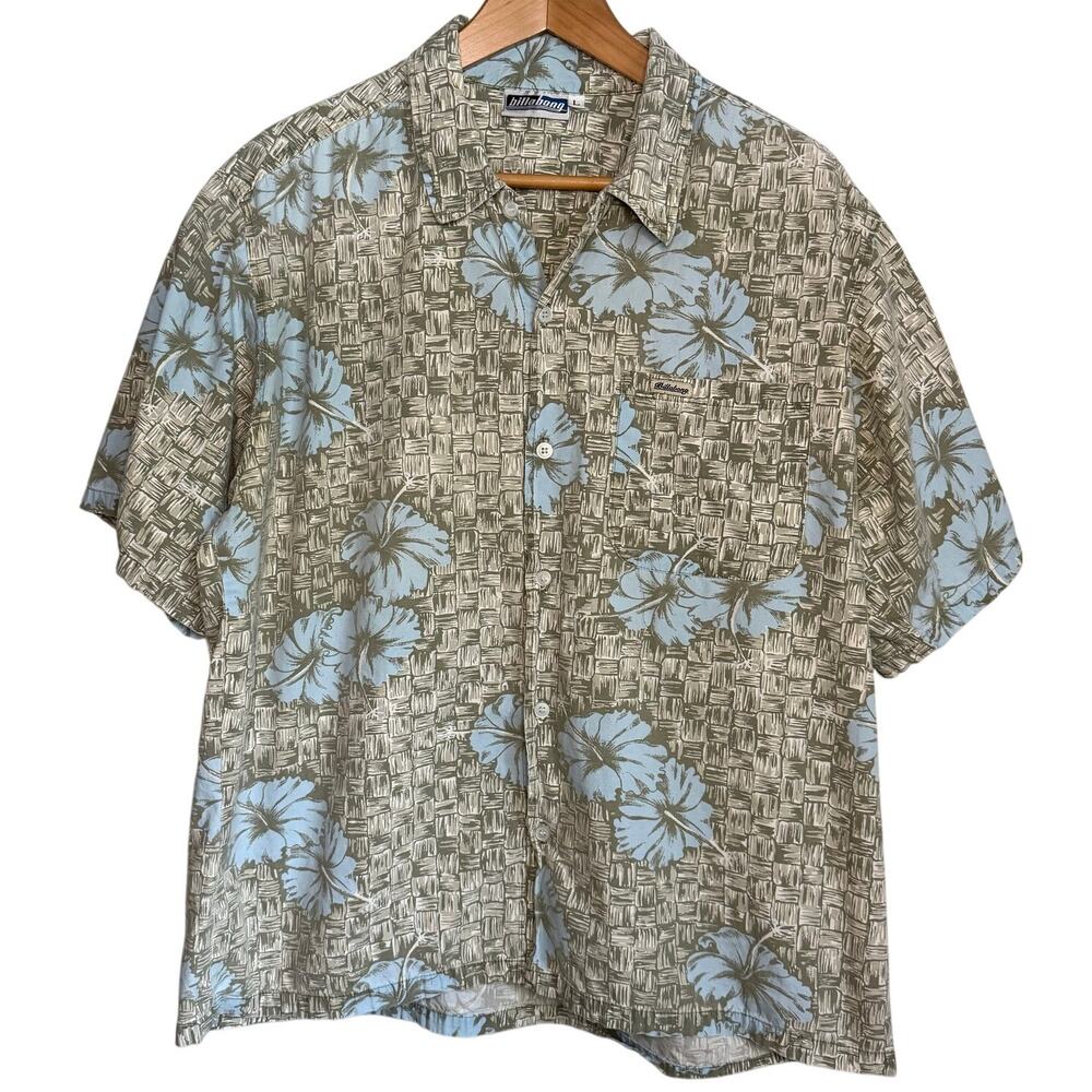 Vintage 2000s Men's Large Billabong Tropical Hawaiian Shirt Blue Tan Surf